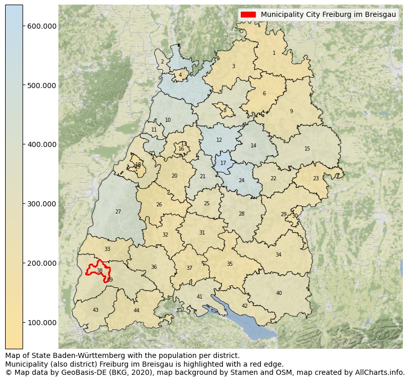 Map of State Baden-Württemberg with the population per district.Municipality (also district) Freiburg im Breisgau is highlighted with a red edge.. This page shows a lot of information about residents (such as the distribution by age groups, family composition, gender, native or German with an immigration background, ...), homes (numbers, types, price development, use, type of property, ...) and more (car ownership, energy consumption, ...) based on open data from the German Federal Agency for Cartography, the Federal Statistical Office (DESTATIS), the Regional Statistical Offices and various other sources!