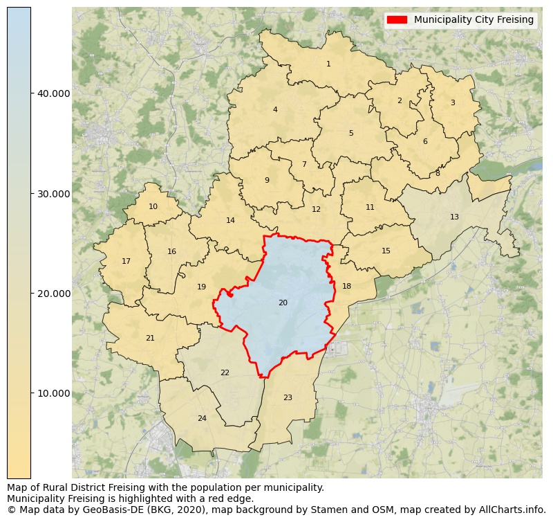 Map of Rural district Freising with the population per municipality.Municipality Freising is highlighted with a red edge.. This page shows a lot of information about residents (such as the distribution by age groups, family composition, gender, native or German with an immigration background, ...), homes (numbers, types, price development, use, type of property, ...) and more (car ownership, energy consumption, ...) based on open data from the German Federal Agency for Cartography, the Federal Statistical Office (DESTATIS), the Regional Statistical Offices and various other sources!