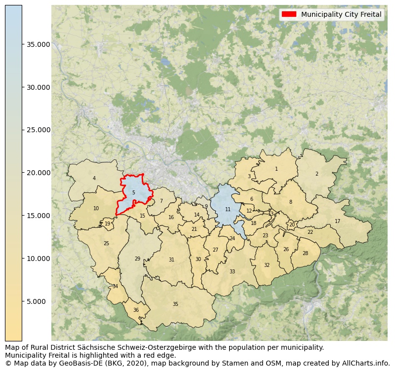 Map of Rural district Sächsische Schweiz-Osterzgebirge with the population per municipality.Municipality Freital is highlighted with a red edge.. This page shows a lot of information about residents (such as the distribution by age groups, family composition, gender, native or German with an immigration background, ...), homes (numbers, types, price development, use, type of property, ...) and more (car ownership, energy consumption, ...) based on open data from the German Federal Agency for Cartography, the Federal Statistical Office (DESTATIS), the Regional Statistical Offices and various other sources!