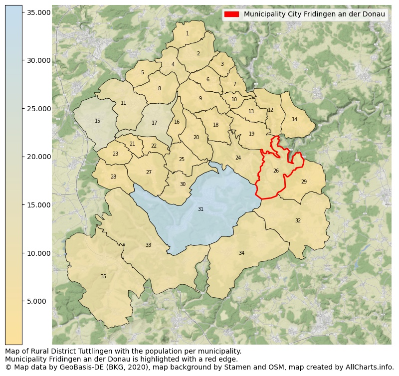 Map of Rural district Tuttlingen with the population per municipality.Municipality Fridingen an der Donau is highlighted with a red edge.. This page shows a lot of information about residents (such as the distribution by age groups, family composition, gender, native or German with an immigration background, ...), homes (numbers, types, price development, use, type of property, ...) and more (car ownership, energy consumption, ...) based on open data from the German Federal Agency for Cartography, the Federal Statistical Office (DESTATIS), the Regional Statistical Offices and various other sources!