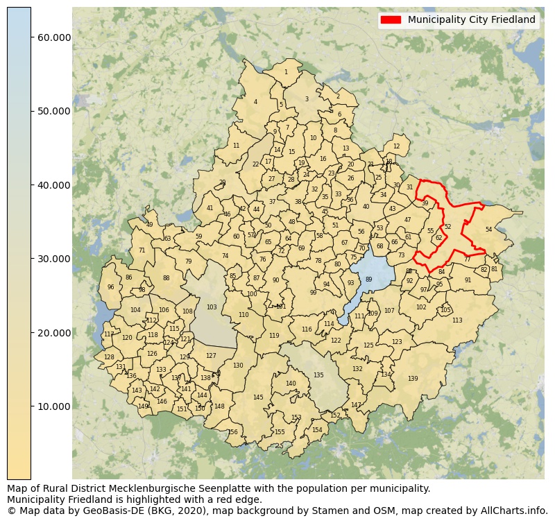 Map of Rural district Mecklenburgische Seenplatte with the population per municipality.Municipality Friedland is highlighted with a red edge.. This page shows a lot of information about residents (such as the distribution by age groups, family composition, gender, native or German with an immigration background, ...), homes (numbers, types, price development, use, type of property, ...) and more (car ownership, energy consumption, ...) based on open data from the German Federal Agency for Cartography, the Federal Statistical Office (DESTATIS), the Regional Statistical Offices and various other sources!