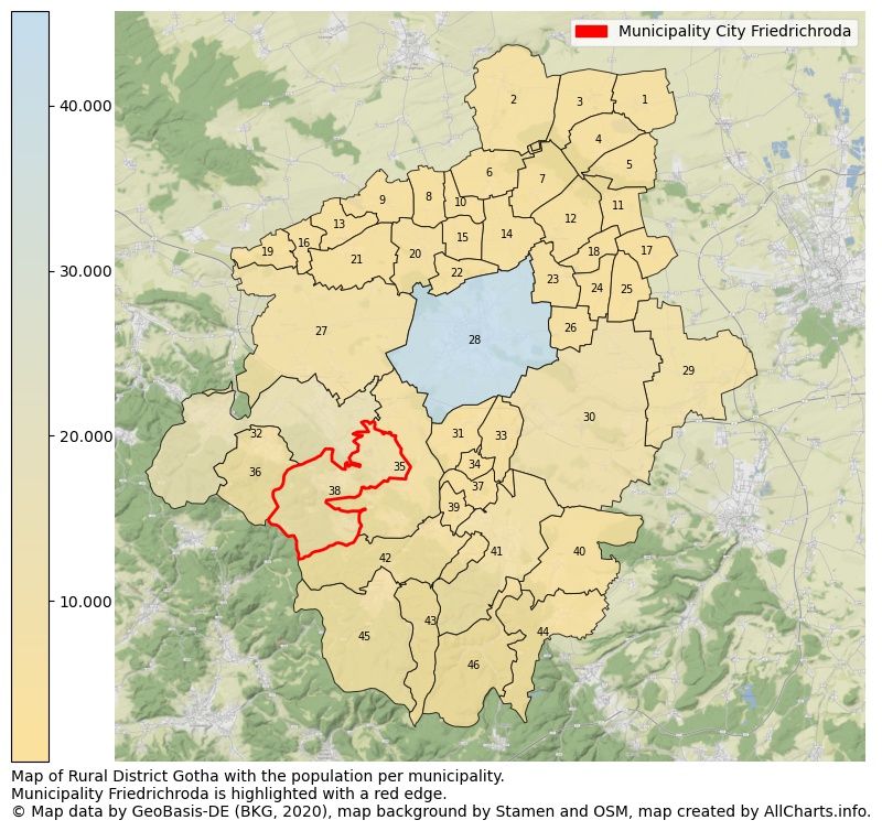 Map of Rural district Gotha with the population per municipality.Municipality Friedrichroda is highlighted with a red edge.. This page shows a lot of information about residents (such as the distribution by age groups, family composition, gender, native or German with an immigration background, ...), homes (numbers, types, price development, use, type of property, ...) and more (car ownership, energy consumption, ...) based on open data from the German Federal Agency for Cartography, the Federal Statistical Office (DESTATIS), the Regional Statistical Offices and various other sources!