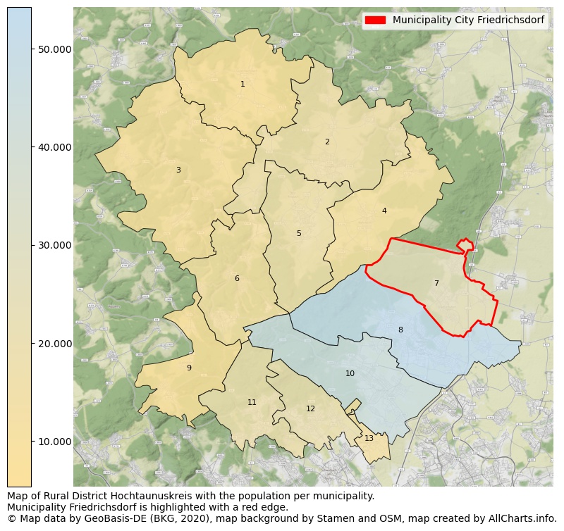Map of Rural district Hochtaunuskreis with the population per municipality.Municipality Friedrichsdorf is highlighted with a red edge.. This page shows a lot of information about residents (such as the distribution by age groups, family composition, gender, native or German with an immigration background, ...), homes (numbers, types, price development, use, type of property, ...) and more (car ownership, energy consumption, ...) based on open data from the German Federal Agency for Cartography, the Federal Statistical Office (DESTATIS), the Regional Statistical Offices and various other sources!