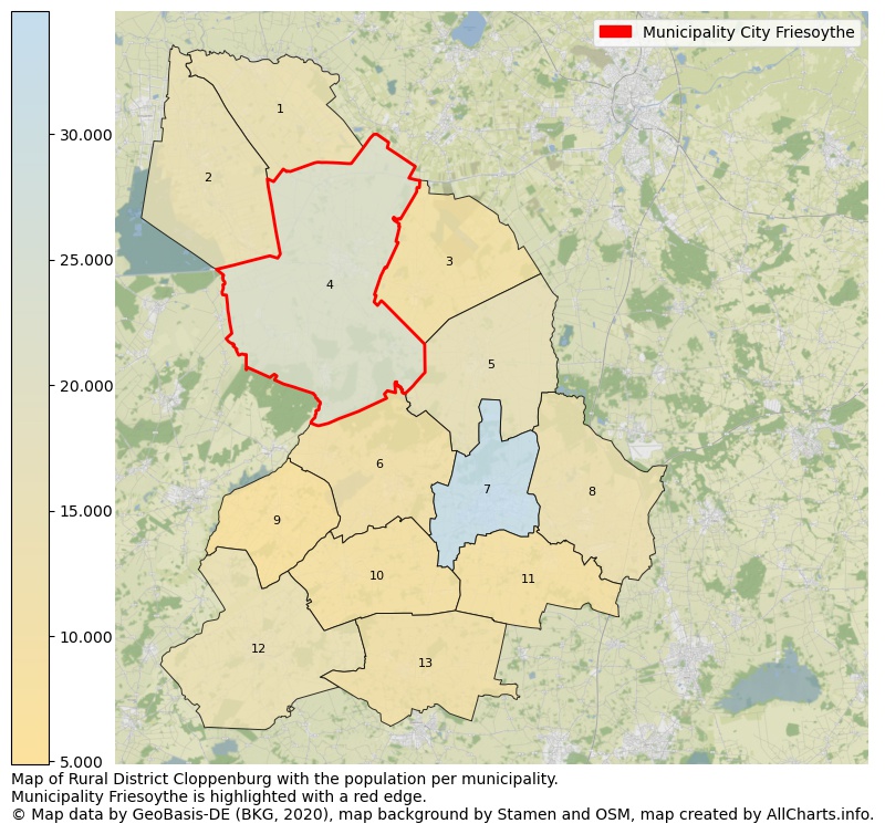 Map of Rural district Cloppenburg with the population per municipality.Municipality Friesoythe is highlighted with a red edge.. This page shows a lot of information about residents (such as the distribution by age groups, family composition, gender, native or German with an immigration background, ...), homes (numbers, types, price development, use, type of property, ...) and more (car ownership, energy consumption, ...) based on open data from the German Federal Agency for Cartography, the Federal Statistical Office (DESTATIS), the Regional Statistical Offices and various other sources!