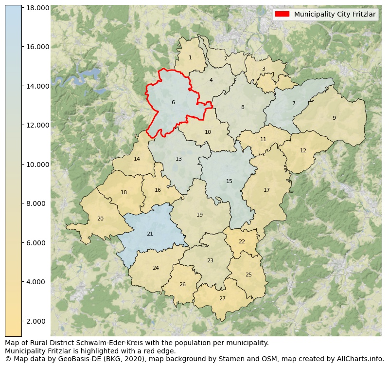 Map of Rural district Schwalm-Eder-Kreis with the population per municipality.Municipality Fritzlar is highlighted with a red edge.. This page shows a lot of information about residents (such as the distribution by age groups, family composition, gender, native or German with an immigration background, ...), homes (numbers, types, price development, use, type of property, ...) and more (car ownership, energy consumption, ...) based on open data from the German Federal Agency for Cartography, the Federal Statistical Office (DESTATIS), the Regional Statistical Offices and various other sources!