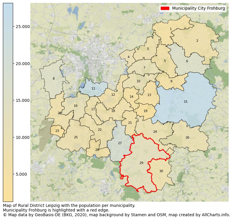 Map of Rural district Leipzig with the population per municipality.Municipality Frohburg is highlighted with a red edge.. This page shows a lot of information about residents (such as the distribution by age groups, family composition, gender, native or German with an immigration background, ...), homes (numbers, types, price development, use, type of property, ...) and more (car ownership, energy consumption, ...) based on open data from the German Federal Agency for Cartography, the Federal Statistical Office (DESTATIS), the Regional Statistical Offices and various other sources!