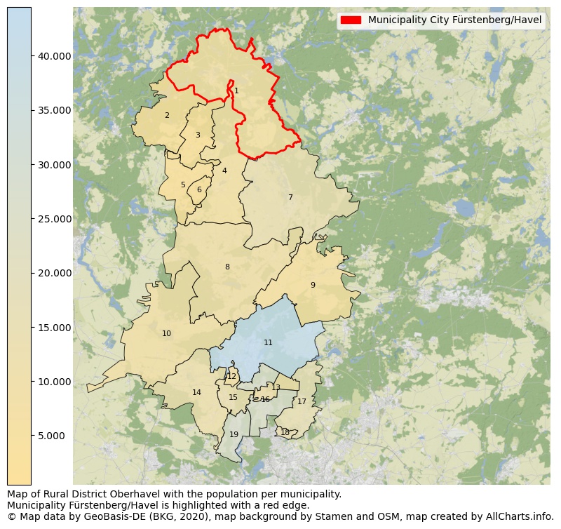 Map of Rural district Oberhavel with the population per municipality.Municipality Fürstenberg/Havel is highlighted with a red edge.. This page shows a lot of information about residents (such as the distribution by age groups, family composition, gender, native or German with an immigration background, ...), homes (numbers, types, price development, use, type of property, ...) and more (car ownership, energy consumption, ...) based on open data from the German Federal Agency for Cartography, the Federal Statistical Office (DESTATIS), the Regional Statistical Offices and various other sources!