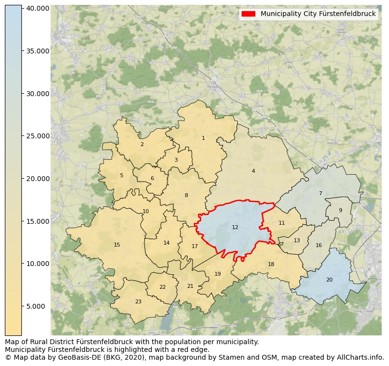 Map of Rural district Fürstenfeldbruck with the population per municipality.Municipality Fürstenfeldbruck is highlighted with a red edge.. This page shows a lot of information about residents (such as the distribution by age groups, family composition, gender, native or German with an immigration background, ...), homes (numbers, types, price development, use, type of property, ...) and more (car ownership, energy consumption, ...) based on open data from the German Federal Agency for Cartography, the Federal Statistical Office (DESTATIS), the Regional Statistical Offices and various other sources!