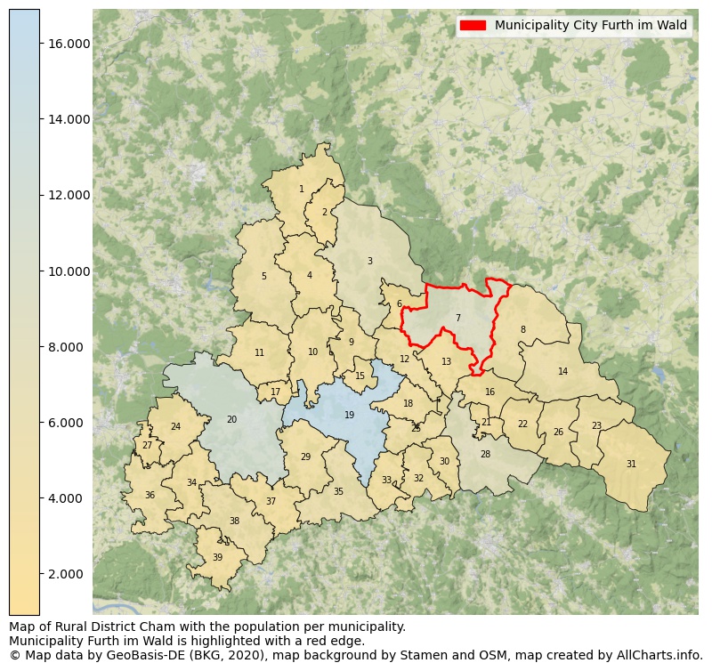 Map of Rural district Cham with the population per municipality.Municipality Furth im Wald is highlighted with a red edge.. This page shows a lot of information about residents (such as the distribution by age groups, family composition, gender, native or German with an immigration background, ...), homes (numbers, types, price development, use, type of property, ...) and more (car ownership, energy consumption, ...) based on open data from the German Federal Agency for Cartography, the Federal Statistical Office (DESTATIS), the Regional Statistical Offices and various other sources!