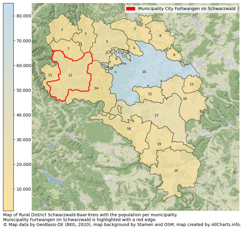 Map of Rural district Schwarzwald-Baar-Kreis with the population per municipality.Municipality Furtwangen im Schwarzwald is highlighted with a red edge.. This page shows a lot of information about residents (such as the distribution by age groups, family composition, gender, native or German with an immigration background, ...), homes (numbers, types, price development, use, type of property, ...) and more (car ownership, energy consumption, ...) based on open data from the German Federal Agency for Cartography, the Federal Statistical Office (DESTATIS), the Regional Statistical Offices and various other sources!