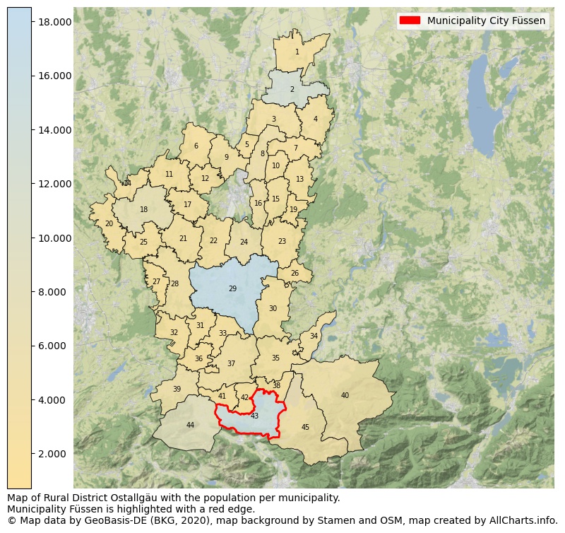 Map of Rural district Ostallgäu with the population per municipality.Municipality Füssen is highlighted with a red edge.. This page shows a lot of information about residents (such as the distribution by age groups, family composition, gender, native or German with an immigration background, ...), homes (numbers, types, price development, use, type of property, ...) and more (car ownership, energy consumption, ...) based on open data from the German Federal Agency for Cartography, the Federal Statistical Office (DESTATIS), the Regional Statistical Offices and various other sources!