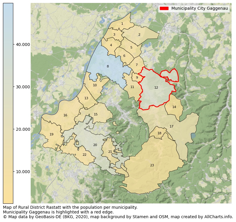 Map of Rural district Rastatt with the population per municipality.Municipality Gaggenau is highlighted with a red edge.. This page shows a lot of information about residents (such as the distribution by age groups, family composition, gender, native or German with an immigration background, ...), homes (numbers, types, price development, use, type of property, ...) and more (car ownership, energy consumption, ...) based on open data from the German Federal Agency for Cartography, the Federal Statistical Office (DESTATIS), the Regional Statistical Offices and various other sources!