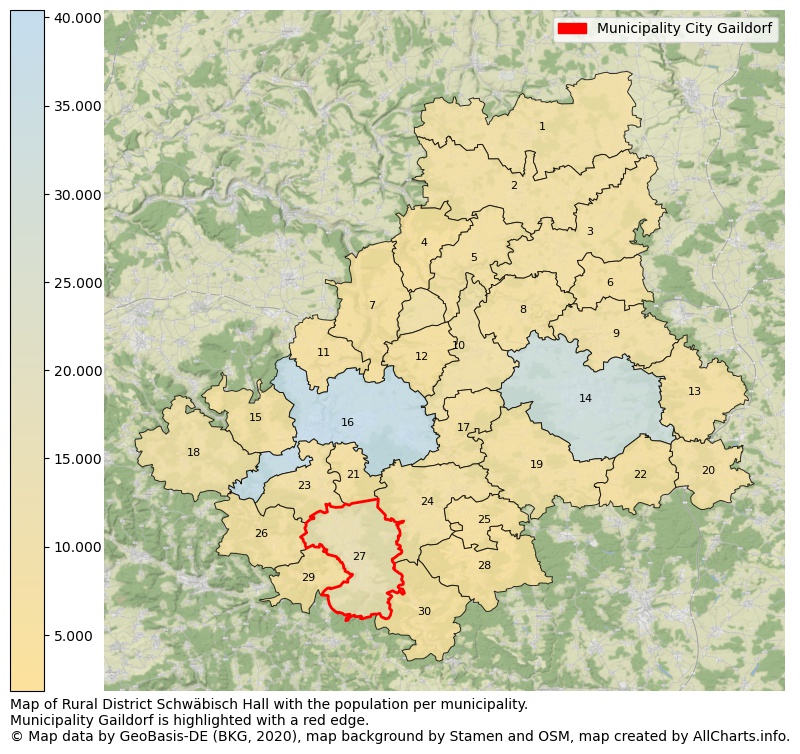 Map of Rural district Schwäbisch Hall with the population per municipality.Municipality Gaildorf is highlighted with a red edge.. This page shows a lot of information about residents (such as the distribution by age groups, family composition, gender, native or German with an immigration background, ...), homes (numbers, types, price development, use, type of property, ...) and more (car ownership, energy consumption, ...) based on open data from the German Federal Agency for Cartography, the Federal Statistical Office (DESTATIS), the Regional Statistical Offices and various other sources!