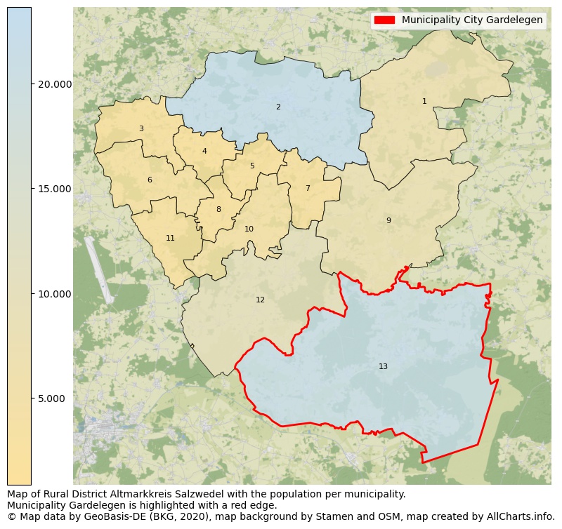 Map of Rural district Altmarkkreis Salzwedel with the population per municipality.Municipality Gardelegen is highlighted with a red edge.. This page shows a lot of information about residents (such as the distribution by age groups, family composition, gender, native or German with an immigration background, ...), homes (numbers, types, price development, use, type of property, ...) and more (car ownership, energy consumption, ...) based on open data from the German Federal Agency for Cartography, the Federal Statistical Office (DESTATIS), the Regional Statistical Offices and various other sources!
