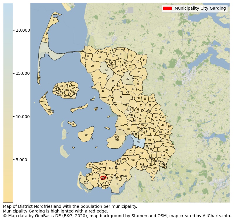 Map of District Nordfriesland with the population per municipality.Municipality Garding is highlighted with a red edge.. This page shows a lot of information about residents (such as the distribution by age groups, family composition, gender, native or German with an immigration background, ...), homes (numbers, types, price development, use, type of property, ...) and more (car ownership, energy consumption, ...) based on open data from the German Federal Agency for Cartography, the Federal Statistical Office (DESTATIS), the Regional Statistical Offices and various other sources!