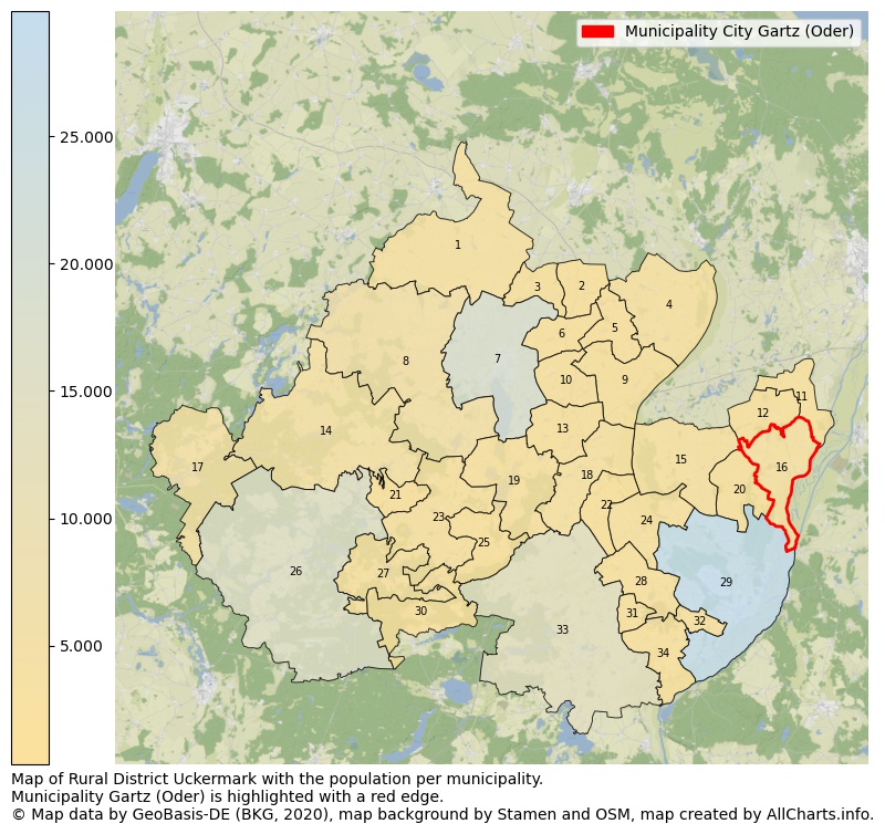 Map of Rural district Uckermark with the population per municipality.Municipality Gartz (Oder) is highlighted with a red edge.. This page shows a lot of information about residents (such as the distribution by age groups, family composition, gender, native or German with an immigration background, ...), homes (numbers, types, price development, use, type of property, ...) and more (car ownership, energy consumption, ...) based on open data from the German Federal Agency for Cartography, the Federal Statistical Office (DESTATIS), the Regional Statistical Offices and various other sources!