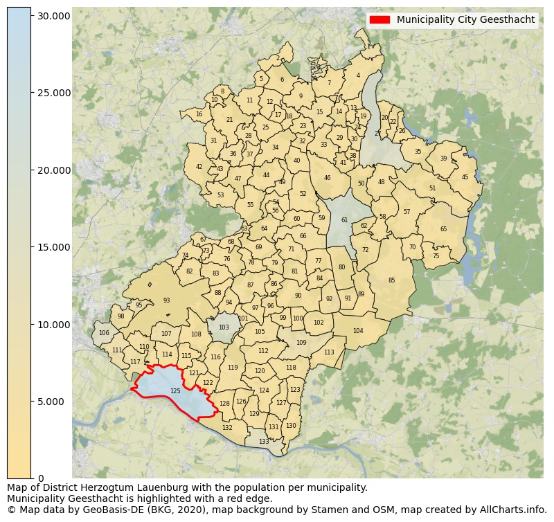 Map of District Herzogtum Lauenburg with the population per municipality.Municipality Geesthacht is highlighted with a red edge.. This page shows a lot of information about residents (such as the distribution by age groups, family composition, gender, native or German with an immigration background, ...), homes (numbers, types, price development, use, type of property, ...) and more (car ownership, energy consumption, ...) based on open data from the German Federal Agency for Cartography, the Federal Statistical Office (DESTATIS), the Regional Statistical Offices and various other sources!