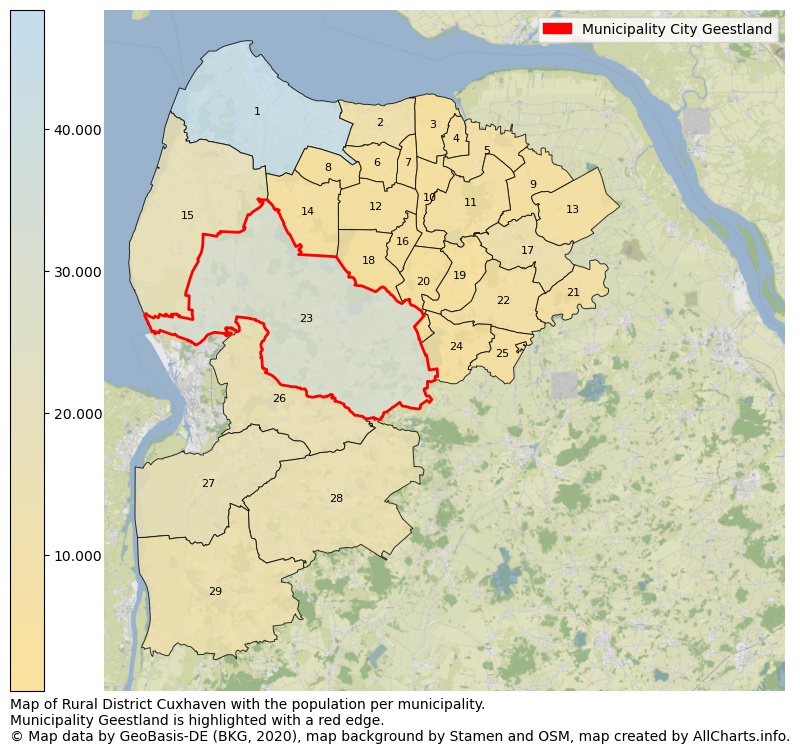 Map of Rural district Cuxhaven with the population per municipality.Municipality Geestland is highlighted with a red edge.. This page shows a lot of information about residents (such as the distribution by age groups, family composition, gender, native or German with an immigration background, ...), homes (numbers, types, price development, use, type of property, ...) and more (car ownership, energy consumption, ...) based on open data from the German Federal Agency for Cartography, the Federal Statistical Office (DESTATIS), the Regional Statistical Offices and various other sources!