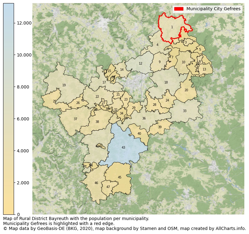 Map of Rural district Bayreuth with the population per municipality.Municipality Gefrees is highlighted with a red edge.. This page shows a lot of information about residents (such as the distribution by age groups, family composition, gender, native or German with an immigration background, ...), homes (numbers, types, price development, use, type of property, ...) and more (car ownership, energy consumption, ...) based on open data from the German Federal Agency for Cartography, the Federal Statistical Office (DESTATIS), the Regional Statistical Offices and various other sources!