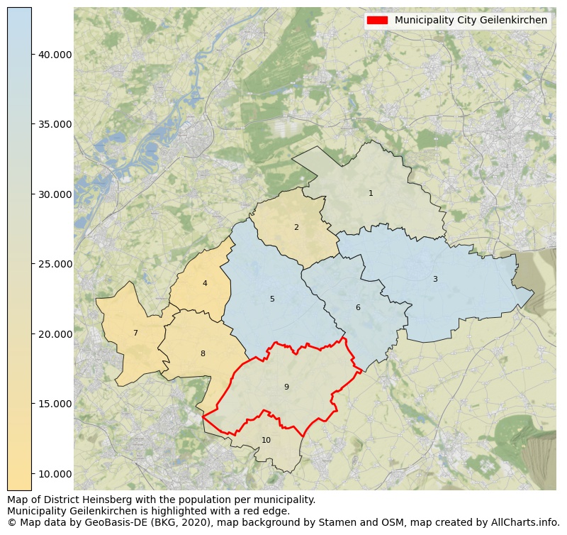 Map of District Heinsberg with the population per municipality.Municipality Geilenkirchen is highlighted with a red edge.. This page shows a lot of information about residents (such as the distribution by age groups, family composition, gender, native or German with an immigration background, ...), homes (numbers, types, price development, use, type of property, ...) and more (car ownership, energy consumption, ...) based on open data from the German Federal Agency for Cartography, the Federal Statistical Office (DESTATIS), the Regional Statistical Offices and various other sources!