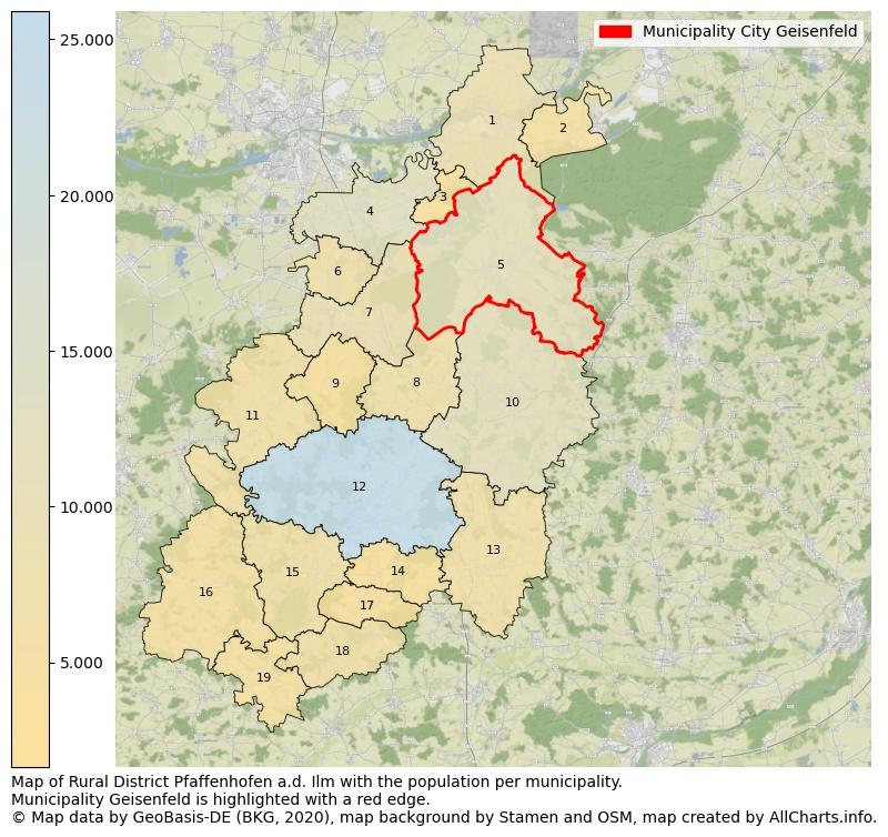 Map of Rural district Pfaffenhofen a.d. Ilm with the population per municipality.Municipality Geisenfeld is highlighted with a red edge.. This page shows a lot of information about residents (such as the distribution by age groups, family composition, gender, native or German with an immigration background, ...), homes (numbers, types, price development, use, type of property, ...) and more (car ownership, energy consumption, ...) based on open data from the German Federal Agency for Cartography, the Federal Statistical Office (DESTATIS), the Regional Statistical Offices and various other sources!