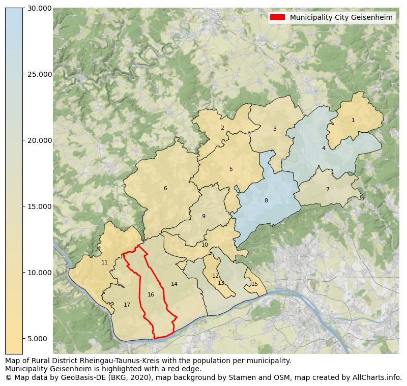 Map of Rural district Rheingau-Taunus-Kreis with the population per municipality.Municipality Geisenheim is highlighted with a red edge.. This page shows a lot of information about residents (such as the distribution by age groups, family composition, gender, native or German with an immigration background, ...), homes (numbers, types, price development, use, type of property, ...) and more (car ownership, energy consumption, ...) based on open data from the German Federal Agency for Cartography, the Federal Statistical Office (DESTATIS), the Regional Statistical Offices and various other sources!