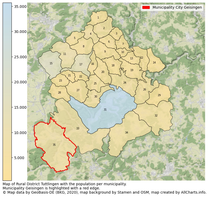 Map of Rural district Tuttlingen with the population per municipality.Municipality Geisingen is highlighted with a red edge.. This page shows a lot of information about residents (such as the distribution by age groups, family composition, gender, native or German with an immigration background, ...), homes (numbers, types, price development, use, type of property, ...) and more (car ownership, energy consumption, ...) based on open data from the German Federal Agency for Cartography, the Federal Statistical Office (DESTATIS), the Regional Statistical Offices and various other sources!