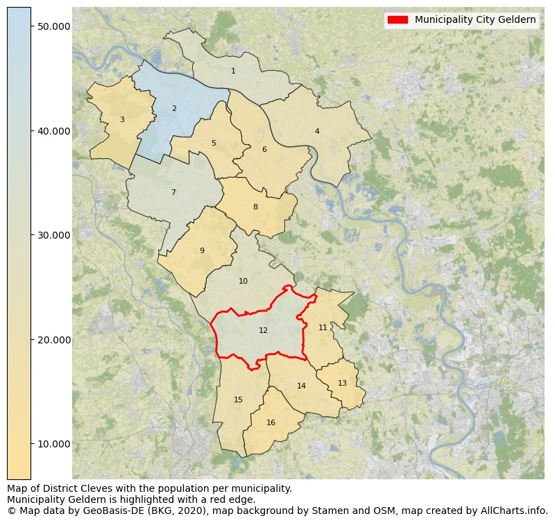 Map of District Cleves with the population per municipality.Municipality Geldern is highlighted with a red edge.. This page shows a lot of information about residents (such as the distribution by age groups, family composition, gender, native or German with an immigration background, ...), homes (numbers, types, price development, use, type of property, ...) and more (car ownership, energy consumption, ...) based on open data from the German Federal Agency for Cartography, the Federal Statistical Office (DESTATIS), the Regional Statistical Offices and various other sources!
