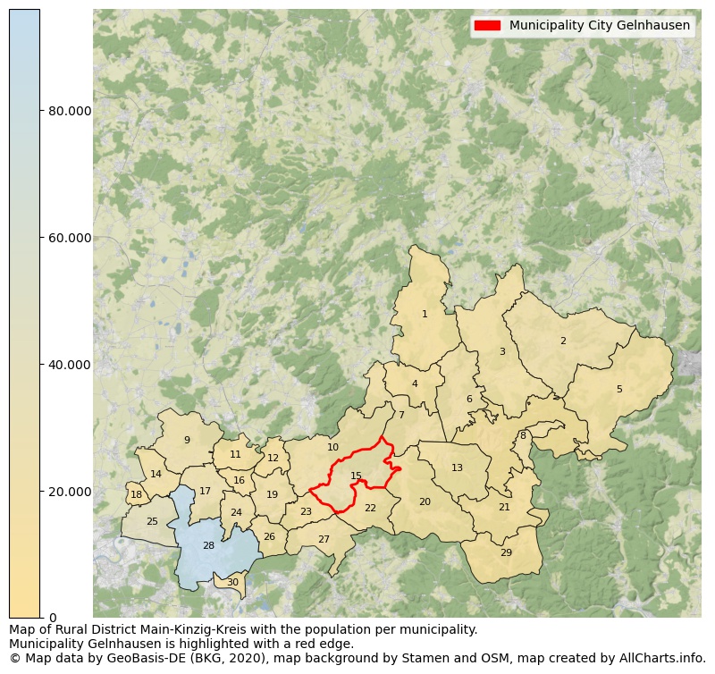 Map of Rural district Main-Kinzig-Kreis with the population per municipality.Municipality Gelnhausen is highlighted with a red edge.. This page shows a lot of information about residents (such as the distribution by age groups, family composition, gender, native or German with an immigration background, ...), homes (numbers, types, price development, use, type of property, ...) and more (car ownership, energy consumption, ...) based on open data from the German Federal Agency for Cartography, the Federal Statistical Office (DESTATIS), the Regional Statistical Offices and various other sources!