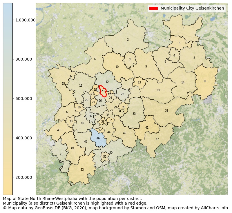 Map of State North Rhine-Westphalia with the population per district.Municipality (also district) Gelsenkirchen is highlighted with a red edge.. This page shows a lot of information about residents (such as the distribution by age groups, family composition, gender, native or German with an immigration background, ...), homes (numbers, types, price development, use, type of property, ...) and more (car ownership, energy consumption, ...) based on open data from the German Federal Agency for Cartography, the Federal Statistical Office (DESTATIS), the Regional Statistical Offices and various other sources!