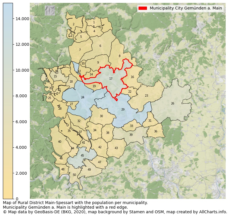 Map of Rural district Main-Spessart with the population per municipality.Municipality Gemünden a. Main is highlighted with a red edge.. This page shows a lot of information about residents (such as the distribution by age groups, family composition, gender, native or German with an immigration background, ...), homes (numbers, types, price development, use, type of property, ...) and more (car ownership, energy consumption, ...) based on open data from the German Federal Agency for Cartography, the Federal Statistical Office (DESTATIS), the Regional Statistical Offices and various other sources!