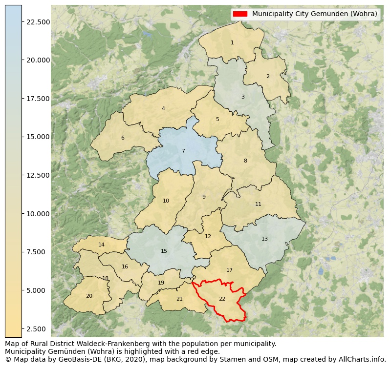 Map of Rural district Waldeck-Frankenberg with the population per municipality.Municipality Gemünden (Wohra) is highlighted with a red edge.. This page shows a lot of information about residents (such as the distribution by age groups, family composition, gender, native or German with an immigration background, ...), homes (numbers, types, price development, use, type of property, ...) and more (car ownership, energy consumption, ...) based on open data from the German Federal Agency for Cartography, the Federal Statistical Office (DESTATIS), the Regional Statistical Offices and various other sources!