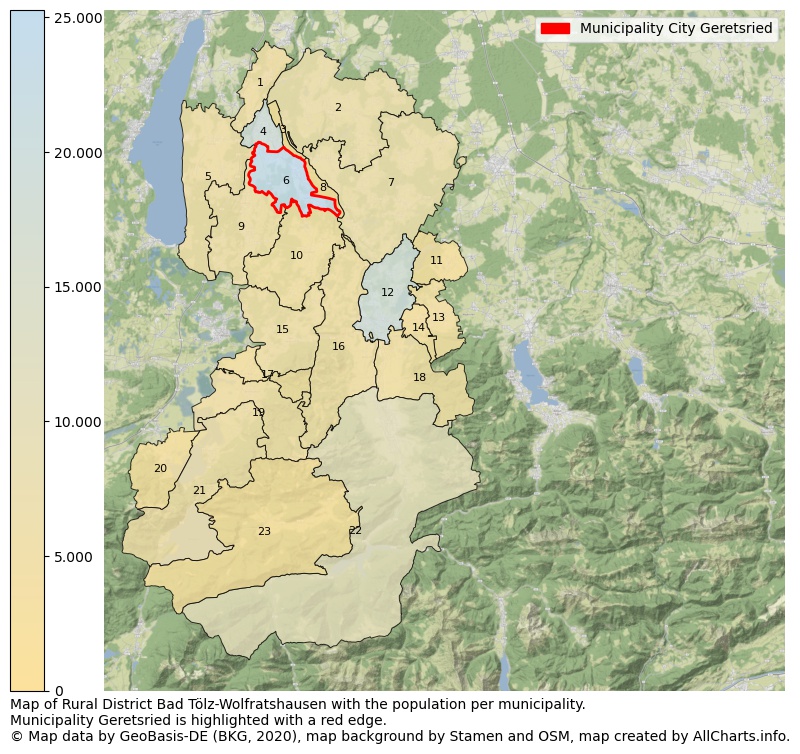 Map of Rural district Bad Tölz-Wolfratshausen with the population per municipality.Municipality Geretsried is highlighted with a red edge.. This page shows a lot of information about residents (such as the distribution by age groups, family composition, gender, native or German with an immigration background, ...), homes (numbers, types, price development, use, type of property, ...) and more (car ownership, energy consumption, ...) based on open data from the German Federal Agency for Cartography, the Federal Statistical Office (DESTATIS), the Regional Statistical Offices and various other sources!