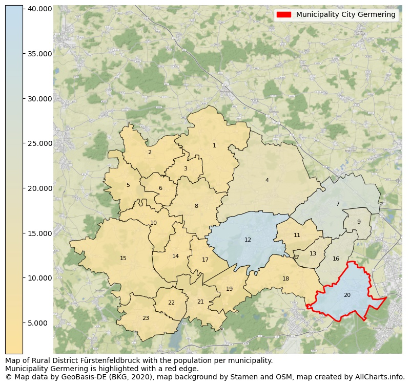 Map of Rural district Fürstenfeldbruck with the population per municipality.Municipality Germering is highlighted with a red edge.. This page shows a lot of information about residents (such as the distribution by age groups, family composition, gender, native or German with an immigration background, ...), homes (numbers, types, price development, use, type of property, ...) and more (car ownership, energy consumption, ...) based on open data from the German Federal Agency for Cartography, the Federal Statistical Office (DESTATIS), the Regional Statistical Offices and various other sources!