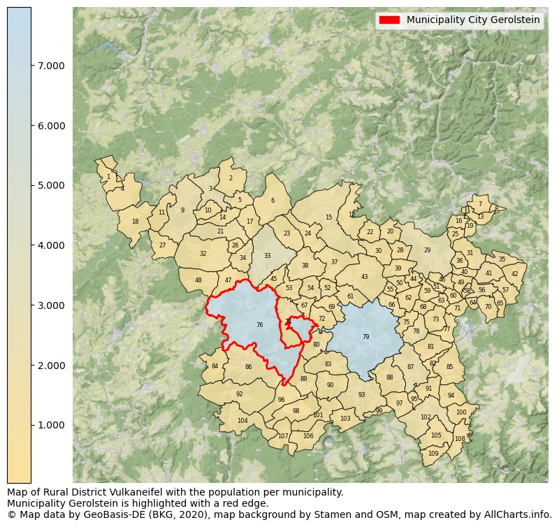 Map of Rural district Vulkaneifel with the population per municipality.Municipality Gerolstein is highlighted with a red edge.. This page shows a lot of information about residents (such as the distribution by age groups, family composition, gender, native or German with an immigration background, ...), homes (numbers, types, price development, use, type of property, ...) and more (car ownership, energy consumption, ...) based on open data from the German Federal Agency for Cartography, the Federal Statistical Office (DESTATIS), the Regional Statistical Offices and various other sources!