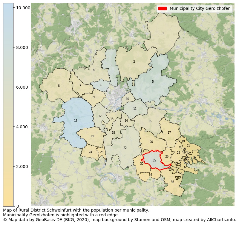 Map of Rural district Schweinfurt with the population per municipality.Municipality Gerolzhofen is highlighted with a red edge.. This page shows a lot of information about residents (such as the distribution by age groups, family composition, gender, native or German with an immigration background, ...), homes (numbers, types, price development, use, type of property, ...) and more (car ownership, energy consumption, ...) based on open data from the German Federal Agency for Cartography, the Federal Statistical Office (DESTATIS), the Regional Statistical Offices and various other sources!