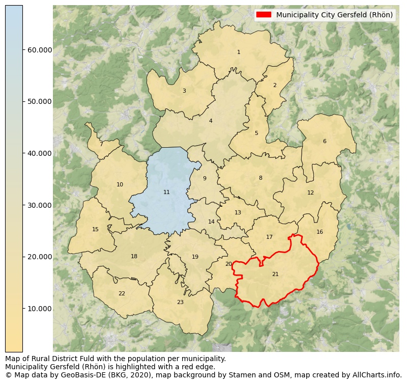 Map of Rural district Fuld with the population per municipality.Municipality Gersfeld (Rhön) is highlighted with a red edge.. This page shows a lot of information about residents (such as the distribution by age groups, family composition, gender, native or German with an immigration background, ...), homes (numbers, types, price development, use, type of property, ...) and more (car ownership, energy consumption, ...) based on open data from the German Federal Agency for Cartography, the Federal Statistical Office (DESTATIS), the Regional Statistical Offices and various other sources!