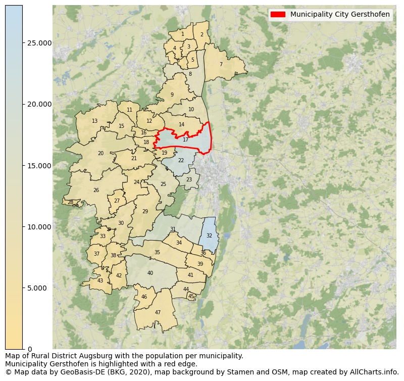 Map of Rural district Augsburg with the population per municipality.Municipality Gersthofen is highlighted with a red edge.. This page shows a lot of information about residents (such as the distribution by age groups, family composition, gender, native or German with an immigration background, ...), homes (numbers, types, price development, use, type of property, ...) and more (car ownership, energy consumption, ...) based on open data from the German Federal Agency for Cartography, the Federal Statistical Office (DESTATIS), the Regional Statistical Offices and various other sources!