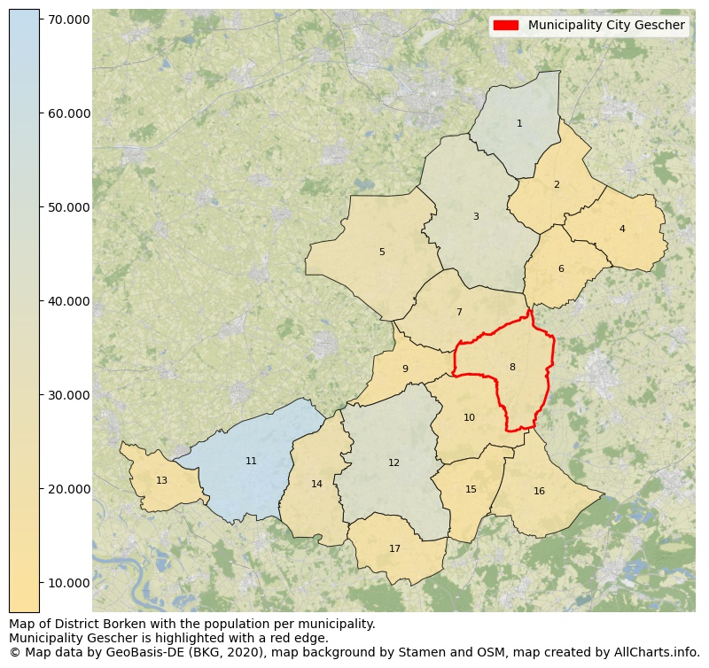 Map of District Borken with the population per municipality.Municipality Gescher is highlighted with a red edge.. This page shows a lot of information about residents (such as the distribution by age groups, family composition, gender, native or German with an immigration background, ...), homes (numbers, types, price development, use, type of property, ...) and more (car ownership, energy consumption, ...) based on open data from the German Federal Agency for Cartography, the Federal Statistical Office (DESTATIS), the Regional Statistical Offices and various other sources!