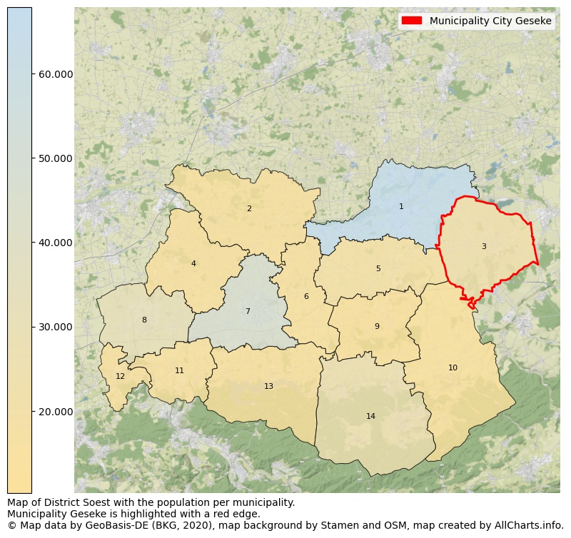 Map of District Soest with the population per municipality.Municipality Geseke is highlighted with a red edge.. This page shows a lot of information about residents (such as the distribution by age groups, family composition, gender, native or German with an immigration background, ...), homes (numbers, types, price development, use, type of property, ...) and more (car ownership, energy consumption, ...) based on open data from the German Federal Agency for Cartography, the Federal Statistical Office (DESTATIS), the Regional Statistical Offices and various other sources!