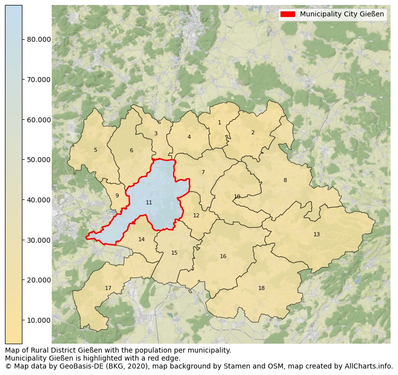 Map of Rural district Gießen with the population per municipality.Municipality Gießen is highlighted with a red edge.. This page shows a lot of information about residents (such as the distribution by age groups, family composition, gender, native or German with an immigration background, ...), homes (numbers, types, price development, use, type of property, ...) and more (car ownership, energy consumption, ...) based on open data from the German Federal Agency for Cartography, the Federal Statistical Office (DESTATIS), the Regional Statistical Offices and various other sources!
