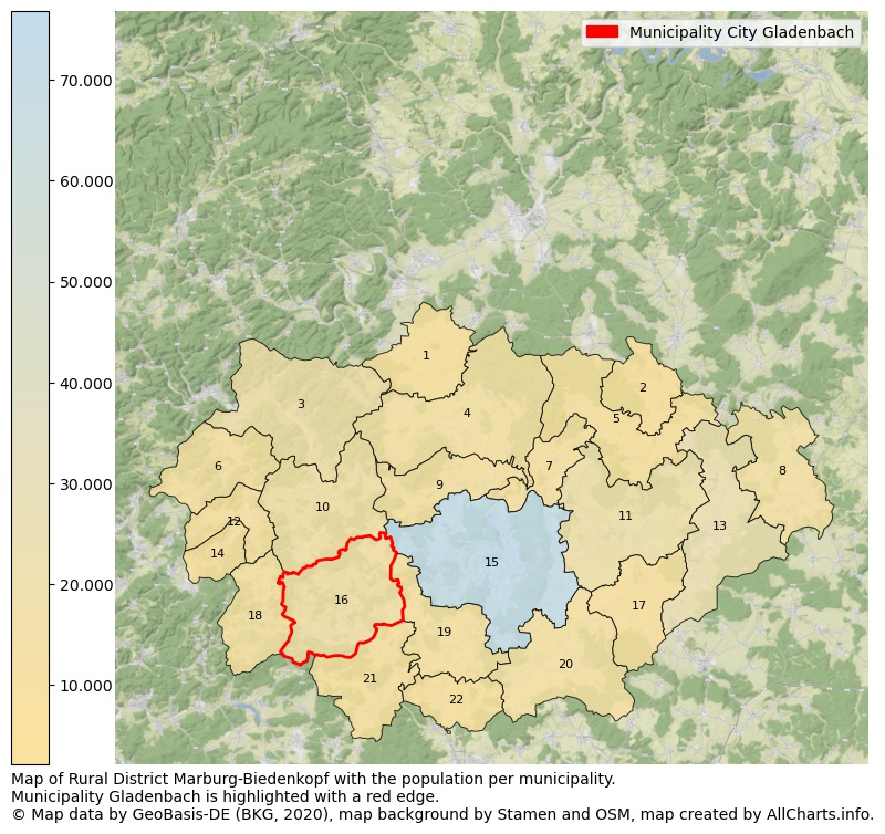 Map of Rural district Marburg-Biedenkopf with the population per municipality.Municipality Gladenbach is highlighted with a red edge.. This page shows a lot of information about residents (such as the distribution by age groups, family composition, gender, native or German with an immigration background, ...), homes (numbers, types, price development, use, type of property, ...) and more (car ownership, energy consumption, ...) based on open data from the German Federal Agency for Cartography, the Federal Statistical Office (DESTATIS), the Regional Statistical Offices and various other sources!