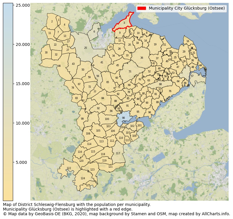 Map of District Schleswig-Flensburg with the population per municipality.Municipality Glücksburg (Ostsee) is highlighted with a red edge.. This page shows a lot of information about residents (such as the distribution by age groups, family composition, gender, native or German with an immigration background, ...), homes (numbers, types, price development, use, type of property, ...) and more (car ownership, energy consumption, ...) based on open data from the German Federal Agency for Cartography, the Federal Statistical Office (DESTATIS), the Regional Statistical Offices and various other sources!