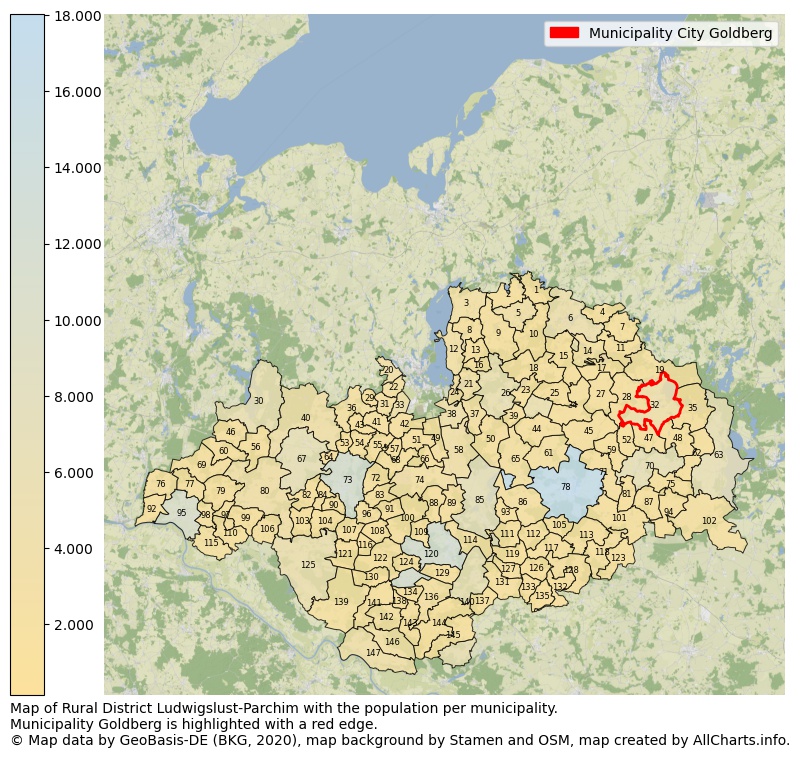 Map of Rural district Ludwigslust-Parchim with the population per municipality.Municipality Goldberg is highlighted with a red edge.. This page shows a lot of information about residents (such as the distribution by age groups, family composition, gender, native or German with an immigration background, ...), homes (numbers, types, price development, use, type of property, ...) and more (car ownership, energy consumption, ...) based on open data from the German Federal Agency for Cartography, the Federal Statistical Office (DESTATIS), the Regional Statistical Offices and various other sources!