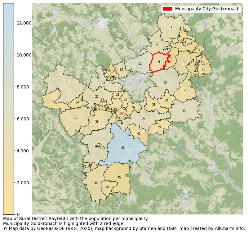 Map of Rural district Bayreuth with the population per municipality.Municipality Goldkronach is highlighted with a red edge.. This page shows a lot of information about residents (such as the distribution by age groups, family composition, gender, native or German with an immigration background, ...), homes (numbers, types, price development, use, type of property, ...) and more (car ownership, energy consumption, ...) based on open data from the German Federal Agency for Cartography, the Federal Statistical Office (DESTATIS), the Regional Statistical Offices and various other sources!
