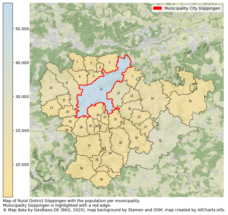 Map of Rural district Göppingen with the population per municipality.Municipality Göppingen is highlighted with a red edge.. This page shows a lot of information about residents (such as the distribution by age groups, family composition, gender, native or German with an immigration background, ...), homes (numbers, types, price development, use, type of property, ...) and more (car ownership, energy consumption, ...) based on open data from the German Federal Agency for Cartography, the Federal Statistical Office (DESTATIS), the Regional Statistical Offices and various other sources!