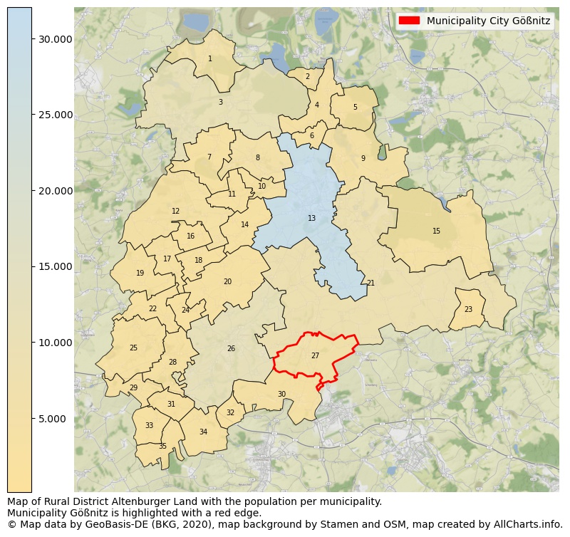 Map of Rural district Altenburger Land with the population per municipality.Municipality Gößnitz is highlighted with a red edge.. This page shows a lot of information about residents (such as the distribution by age groups, family composition, gender, native or German with an immigration background, ...), homes (numbers, types, price development, use, type of property, ...) and more (car ownership, energy consumption, ...) based on open data from the German Federal Agency for Cartography, the Federal Statistical Office (DESTATIS), the Regional Statistical Offices and various other sources!
