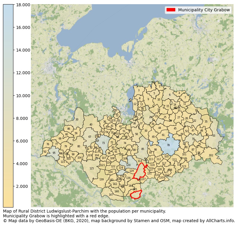 Map of Rural district Ludwigslust-Parchim with the population per municipality.Municipality Grabow is highlighted with a red edge.. This page shows a lot of information about residents (such as the distribution by age groups, family composition, gender, native or German with an immigration background, ...), homes (numbers, types, price development, use, type of property, ...) and more (car ownership, energy consumption, ...) based on open data from the German Federal Agency for Cartography, the Federal Statistical Office (DESTATIS), the Regional Statistical Offices and various other sources!