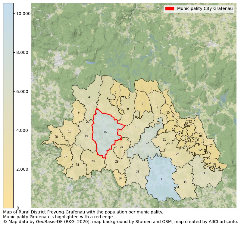 Map of Rural district Freyung-Grafenau with the population per municipality.Municipality Grafenau is highlighted with a red edge.. This page shows a lot of information about residents (such as the distribution by age groups, family composition, gender, native or German with an immigration background, ...), homes (numbers, types, price development, use, type of property, ...) and more (car ownership, energy consumption, ...) based on open data from the German Federal Agency for Cartography, the Federal Statistical Office (DESTATIS), the Regional Statistical Offices and various other sources!