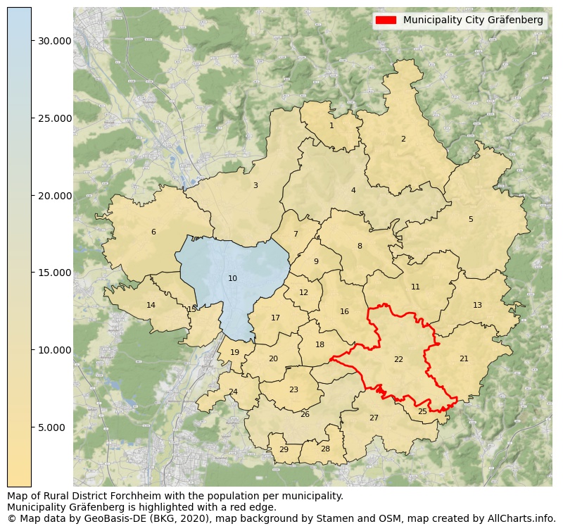Map of Rural district Forchheim with the population per municipality.Municipality Gräfenberg is highlighted with a red edge.. This page shows a lot of information about residents (such as the distribution by age groups, family composition, gender, native or German with an immigration background, ...), homes (numbers, types, price development, use, type of property, ...) and more (car ownership, energy consumption, ...) based on open data from the German Federal Agency for Cartography, the Federal Statistical Office (DESTATIS), the Regional Statistical Offices and various other sources!